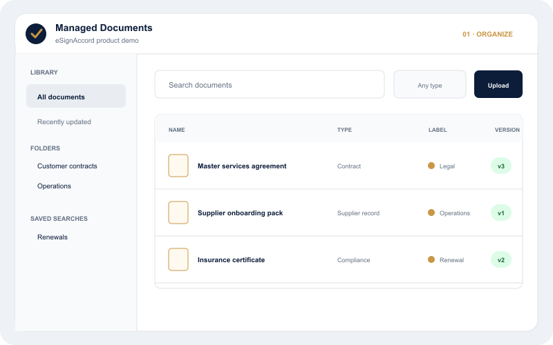 Find and organize documents. Search by name, browse folders and narrow the library by document type or label.